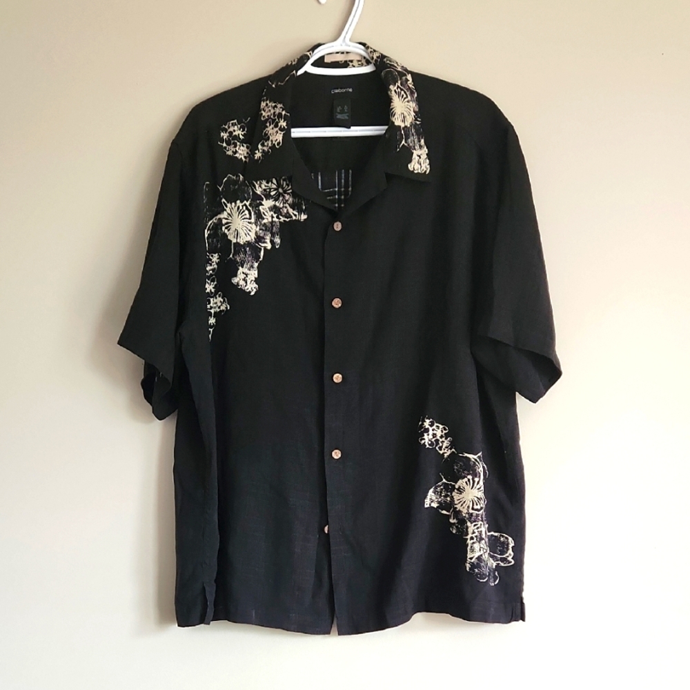 Claiborne Black and Cream Floral XL Men's Silk  Shirt